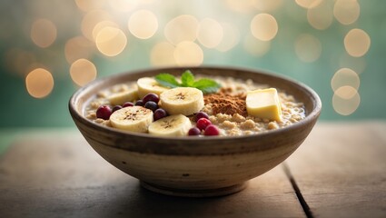 Poster - Delicious oatmeal bowl topped with fruits and spices, served in a rustic setting during a cozy morning