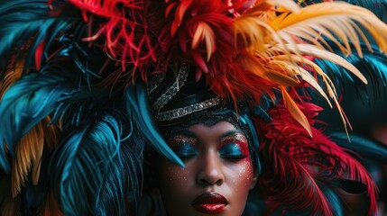 Wall Mural - Vibrant portrait of a woman adorned with colorful feathers and makeup, set against a festive background