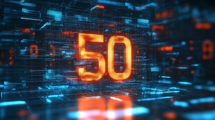 Glowing Orange Numeral 50 in Abstract Futuristic Digital Cyberspace Environment. 3D Illustration.