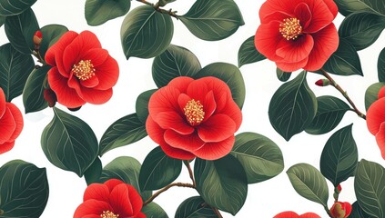 Canvas Print - Vivid red camellia flowers on a bright white background, showcasing a vibrant floral pattern ideal for seasonal decor and textile design