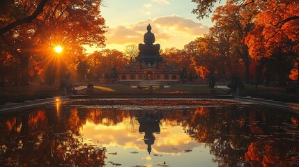 Sticker - Autumn Sunset Reflecting Majestic Building Peaceful Pond. AI Generated