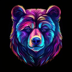 Canvas Print - Neon bear pattern purple black background.