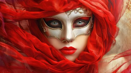 Wall Mural - Mysterious masked figure adorned in vibrant red fabric, evoking intrigue and elegance in a dreamlike atmosphere