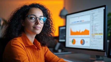 Focused woman analyzing data on computer with charts and graphs in modern office environment.