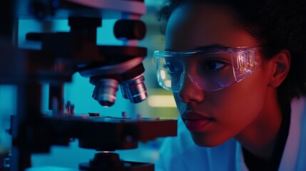 Wall Mural - young female scientist using microscope in laboratory with focus and precision