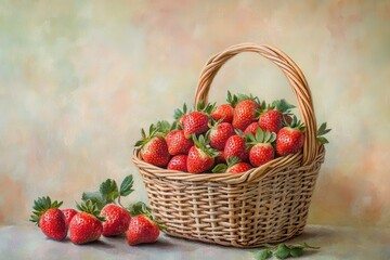 Aufkleber - Freshly picked strawberries in a wicker basket on a soft textured background