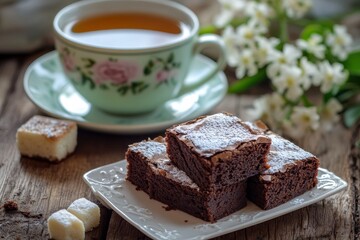 Poster - Enjoying tea with chocolate brownies and sugar cubes in a cozy café setting