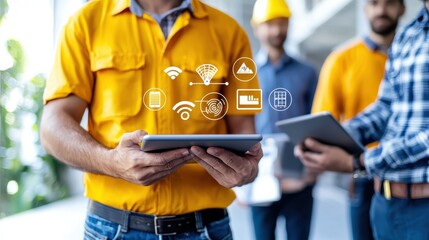 Workers use tablets displaying digital icons, focusing on connectivity and data management in a modern work environment.