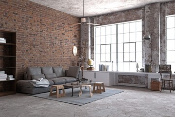 Wall Mural - Industrial loft with brick walls, large windows,