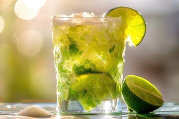 A refreshing mojito cocktail garnished with lime and mint, served in a clear glass, perfect for warm weather enjoyment.