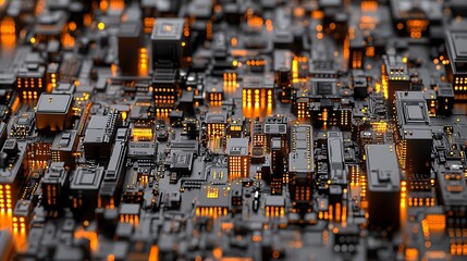 Glowing Circuit Board Cityscape; Technology Background