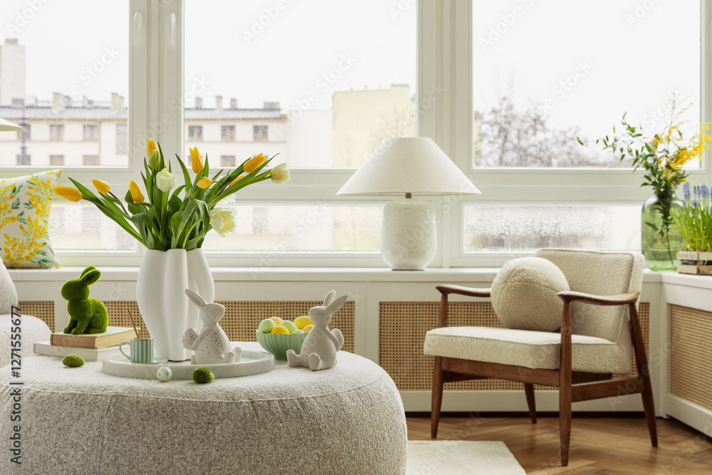 Interior design of spring living room with design sofa, furniture, vase ...