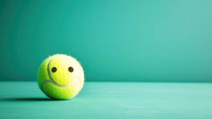 Tennis Ball. Smiling tennis ball on a teal background, conveying a playful mood.