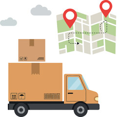 Wall Mural - delivery truck transporting boxes with map and location markers vector art