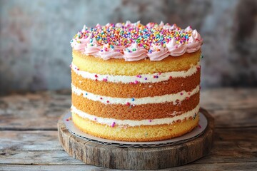 Poster - Colorful layered cake with sprinkles and frosting displayed on a wooden surface