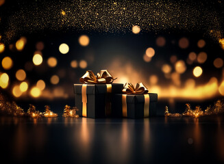 Sticker - elegant dark gift boxes with golden ribbons are placed on a reflective surface, illuminated by bokeh
