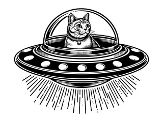 Wall Mural - adorable cat inside a flying saucer, blending whimsical sci-fi, fantasy, and humor in a vintage artistic style sketch engraving generative ai PNG illustration. Scratch board. Black and white image.