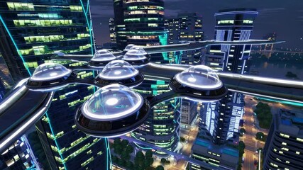 Poster - Futuristic skyline featuring advanced transportation above a vibrant city at night
