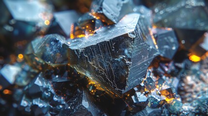 Poster - Close up of a stunning crystal formation displaying sharp edges and reflective surfaces, illuminated by bright light, revealing intricate textures and colors