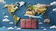 © PURE SP - Colorful travel-themed composition featuring a globe, clouds, and a plane above a vintage suitcase in a whimsical, vibrant style