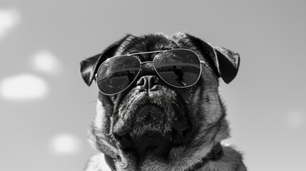 Wall Mural - A stylish pug wearing sunglasses against a bright sky, exuding confidence and charm in a playful outdoor setting