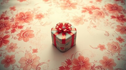 Wall Mural - Gift box wrapped with red ribbon sitting on a floral surface, creating a festive and elegant presentation.