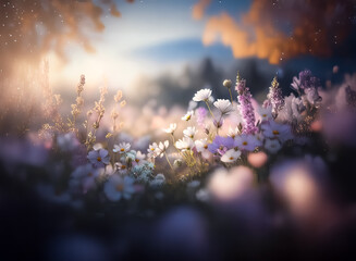 Sticker - serene wildflower field with soft focus and pastel colors. golden light filters through trees, creat
