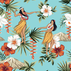 Wall Mural - Hawaiian girls, red, white hibiscus flower, palm leaves, mountain seamless pattern blue background. Tropical wallpaper.