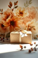 Wall Mural - Elegant gift with floral backdrop, ribbon tie, and sunlit setting; perfect for celebrations.