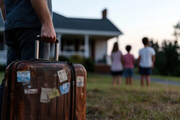 A figure holds a weathered suitcase while facing away from a group, signifying transience and the personal journey against the backdrop of human connection.