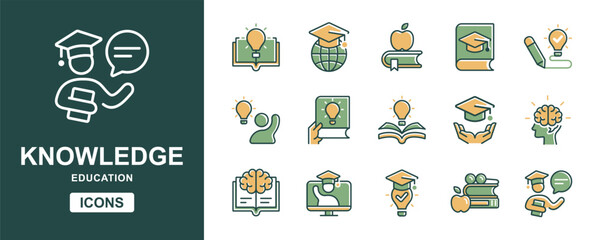 Aufkleber - education knowledge cognition icon set success achievement creative innovation book light bulb smart thinking vector student study learning graduation goal signs illustration for web and app