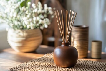 Poster - Decorative vase with reed sticks and natural elements on display in a cozy indoor setting during daylight