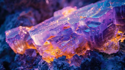 Aufkleber - A cluster of translucent purple and orange crystals glows softly, showcasing intricate patterns and layers in a natural environment during the evening.