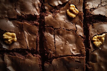 Aufkleber - Deliciously fudgy brownies topped with walnut pieces displayed on a rustic wooden surface