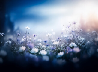 Sticker - serene field with white and blue flowers in soft focus. blurred blue sky and gentle light evoke a dr