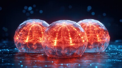 Wall Mural - three glowing spheres with intricate red networks, set against a dark, shimmering background, evokin