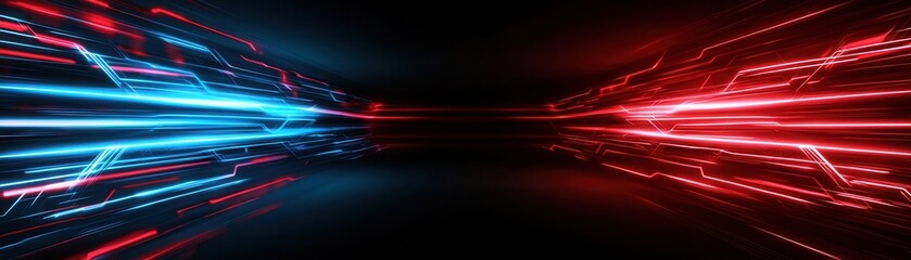 Wall Mural - a dynamic visual of blue and red light streaks converging from opposite sides against a dark backdro