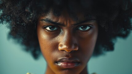 Wall Mural - Intense Portrait of a Young Person with Natural Hair, Displaying Strong Emotions Against a Soft Background