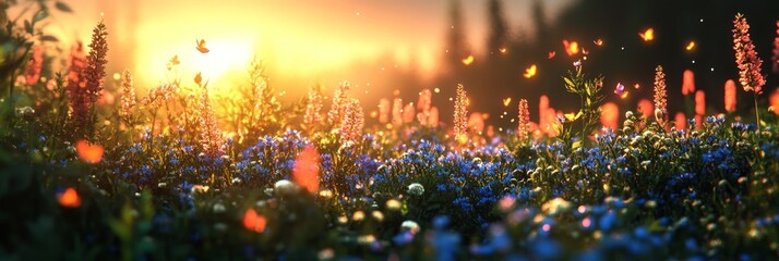 Canvas Print - Magical Sunset Over Wildflower Meadow, Tiny Pink And Blue Flowers, Golden Sunlight, Lens Flare