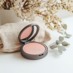 Poster - Blush compact resting on soft fabric beside dried flowers and eucalyptus leaves in bright natural light