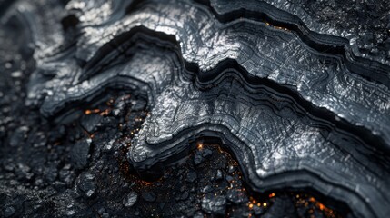 Aufkleber - Intricate layers of metallic rock showcase their unique structure and texture, highlighted by glowing elements amidst a dark, rocky background in a natural setting.