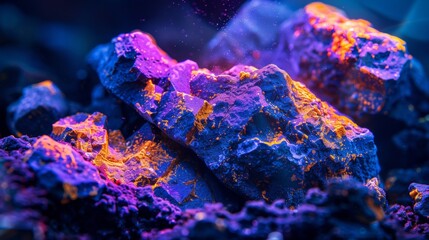 Aufkleber - Colorful mineral formations are highlighted under ultraviolet light, revealing fascinating textures and vivid hues. The brightness enhances their unique shapes and structures.