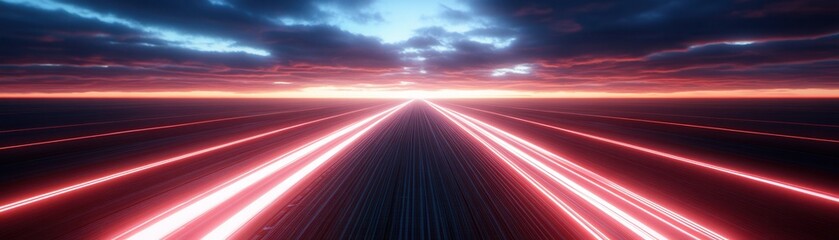 Wall Mural - a futuristic landscape with a vibrant horizon, showcasing glowing light trails on a dark road beneat