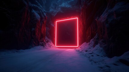 Wall Mural - a glowing pink portal stands in a dark, snowy canyon, contrasting against the rocky walls and illumi