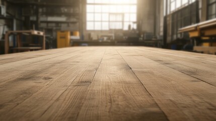 Wall Mural - Empty wooden workshop table, sunlight, tools, workspace, product display, industrial setting, background, display