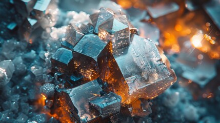 Fototapete - Bright orange light interacts with various geometric crystal shapes, creating a captivating display of reflections and textures in a detailed abstract formation.