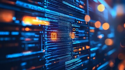 Digital technology abstract background with glowing lines and code elements in blue and orange colors creating futuristic data visualization pattern.