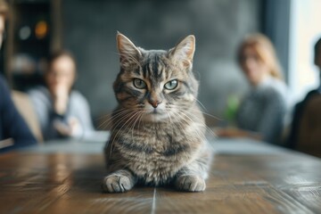 A focused gray cat sits on a wooden table, gazing intently at the camera, while blurred figures of people are in the background.