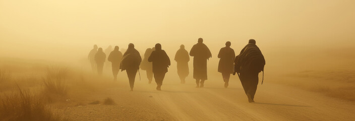 A photo taken of refugees walking on a dusty road in the northwestern parts of china