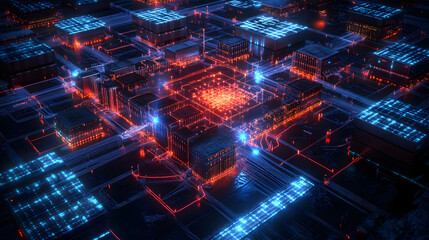 Abstract Digital Cityscape: Neon Lights and Circuitry